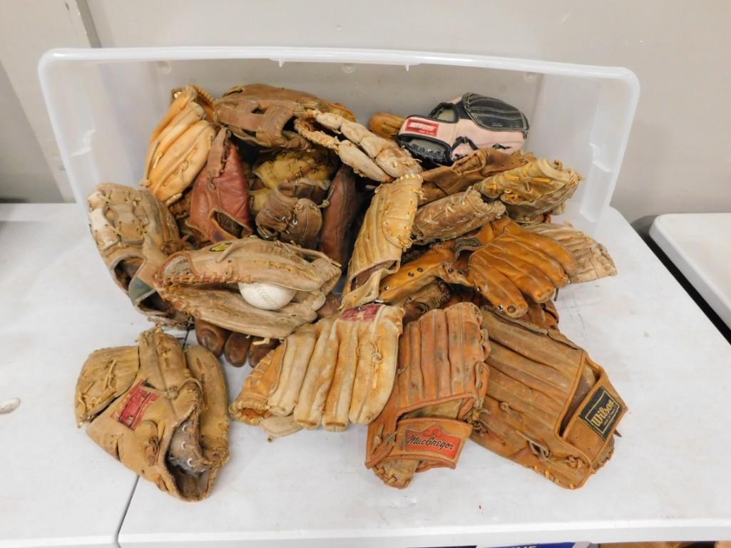 Large Bin full of Baseball Mitts / Gloves including Vintage and possibly antique (1 of 3)