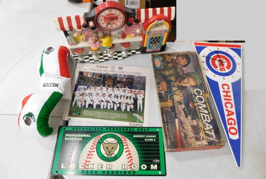 Coca Cola Ice Cream Parlor Clock, Chicago Cubs Pennant Clock, Mexico Boxing Gloves, Combat Game (1 of 7)