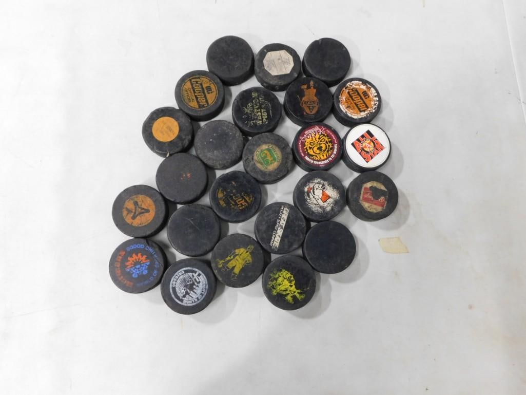 Large Lot of assorted Hockey Pucks: Large Lot of assorted Hockey Pucks All pictures are considered part of the description and should be examined carefully by bidders. Live Auctioneers is now offering Live Shipping through them. T