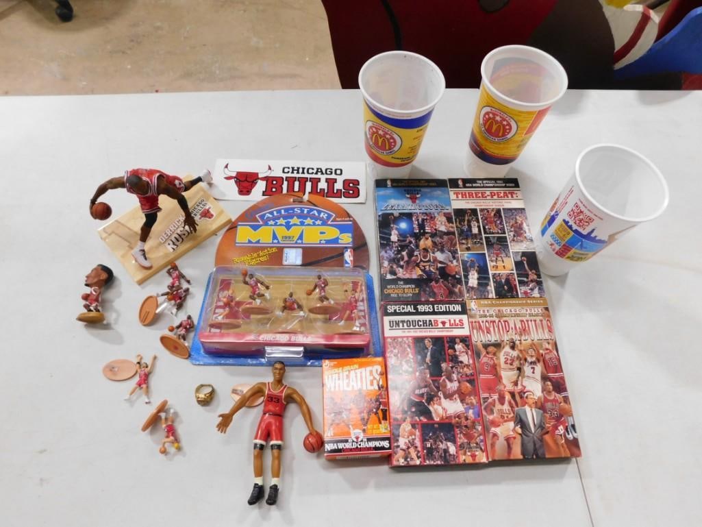 Chicago Bulls lot including collectible cups, Figures, Derrick Rose, Dynasty Movies, Wheaties, Ring,: Chicago Bulls lot including collectible cups, Figures, Derrick Rose, Dynasty Movies, Wheaties, Ring, Pippen, etc. All pictures are considered part of the description and should be examined carefully b