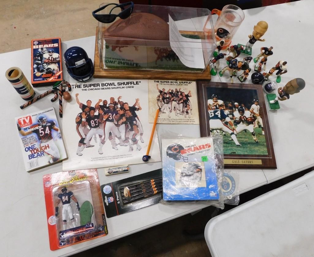 Chicago Bears Lot including Gale Sayers Signed Football, Super Bowl Shuffle, Figures, Movie, Collect (1 of 5)