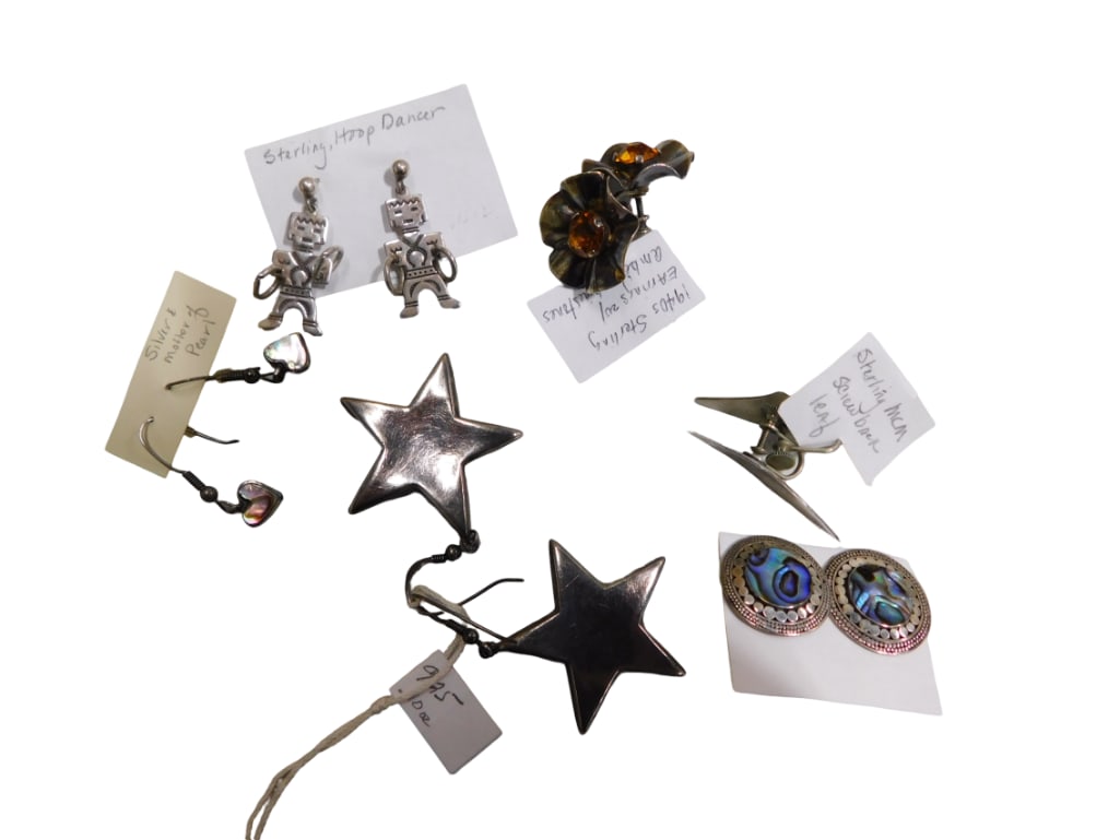 Assorted Sterling Silver Earrings including Hoop Dancer, Mother of Pearl, Amber, etc (1 of 6)