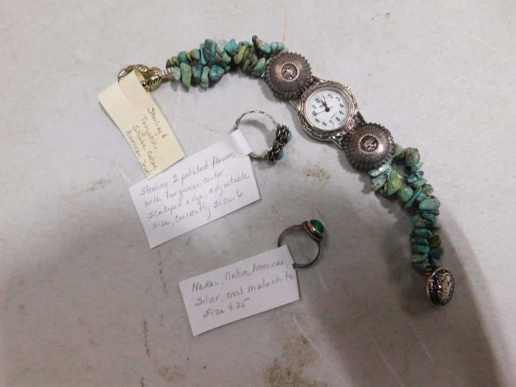 Sterling and Turquoise Native American Watch, Sterling Ring Size 6, Nakai Native Silver Oval Malachi (1 of 4)