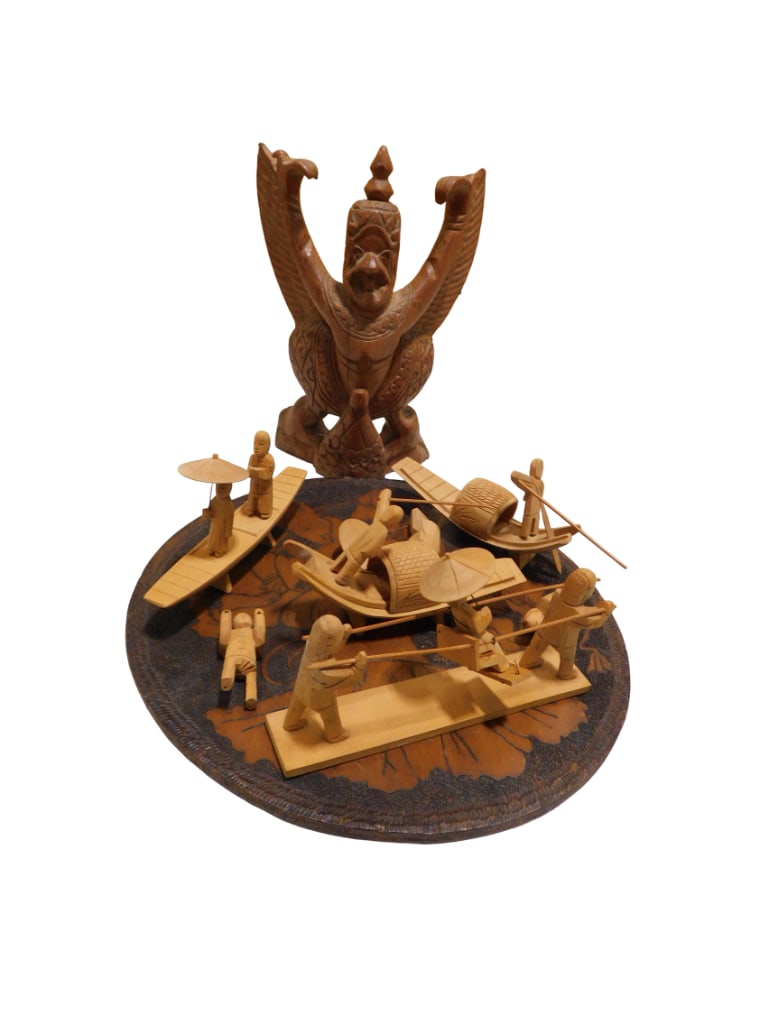 Hand Carved Wooden Pieces etc. including Thai workers, Garuda, Flemish Wood burned, etc (1 of 5)