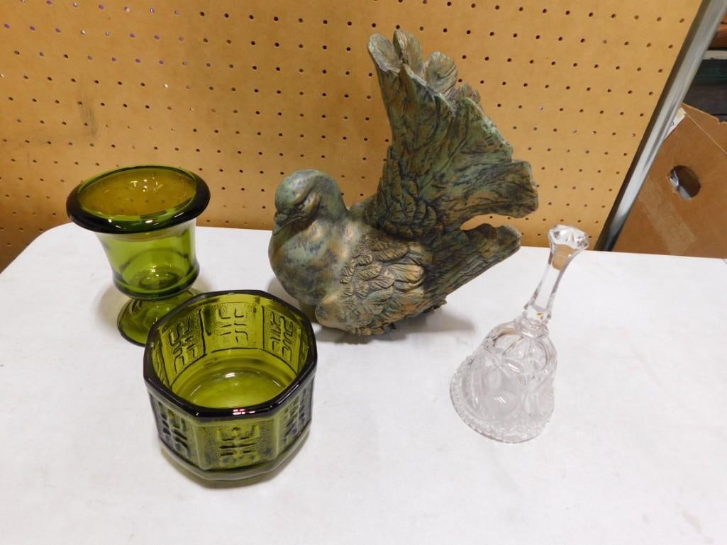Misc. Lot including Green / Avocado Glass Dishes, Dove or Bird, Clear Glass Bell (1 of 4)