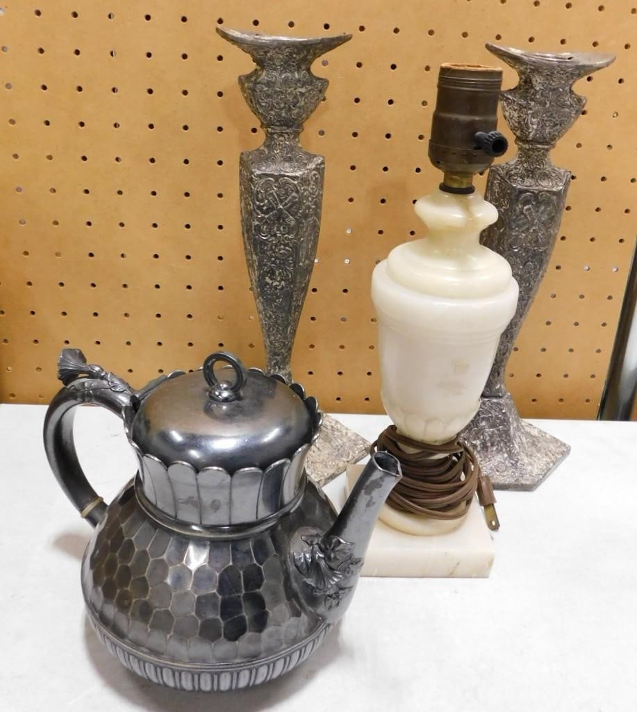 Hammered Silver Plate Teapot, Ornate Candlestick Holders, Marble or Alabaster Lamp (1 of 4)