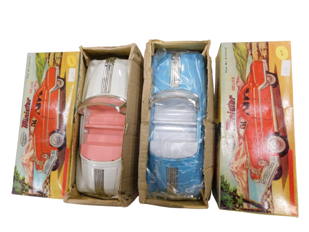 2 Minister Delux Tin Toy Friction Cars NOS New Old Stock incl 1 Blue and 1 White Both Convertibles: 2 Minister Delux Tin Toy Friction Cars NOS New Old Stock incl 1 Blue and 1 White Both Convertibles. Mechanical & Automatic All pictures are considered part of the description and should be