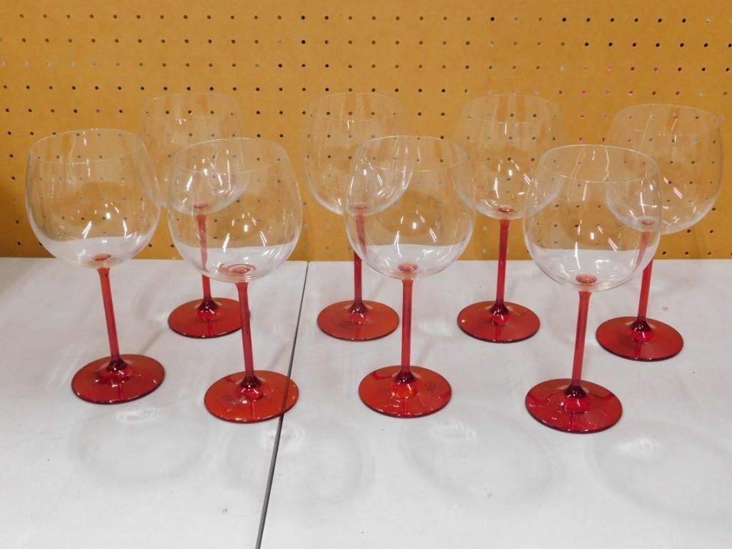 Set of 8 Wine Glasses Stemware Clear with Red Bases: Set of 8 Wine Glasses Stemware Clear with Red Bases from Crate & Barrel All pictures are considered part of the description and should be examined carefully by bidders. Live Auctioneers is now o