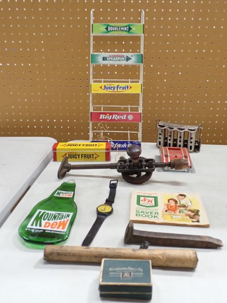 Vintage and Advertising Lot including Wrigley's Gum Display, Mountain Dew, S&H Saver Book,: Vintage and Advertising Lot including Wrigley's Gum Display, Mountain Dew, S&H Saver Book, Hand Drill, Fire Alarm, Coin Dispenser, Cheerios Watch, etc. All pictures are considered part of the descript