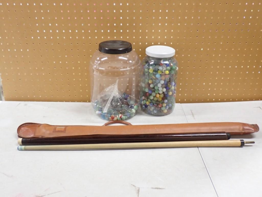 Jars full of Marbles and a pool cue stick: Jars full of Marbles and a pool cue stick All pictures are considered part of the description and should be examined carefully by bidders. Live Auctioneers is now offering Live Shipping through them.