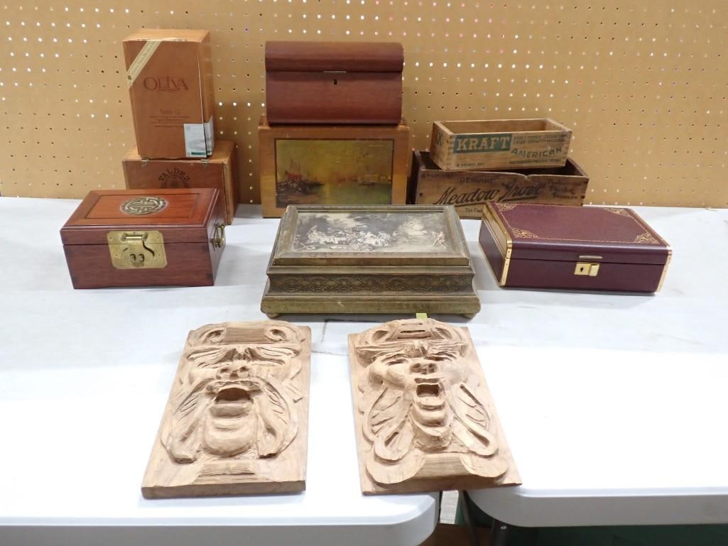 Lot of Vintage or antique Boxes, Jewelry Boxes, Advertising, Kraft American, Meadow Grove, Wall Hang (1 of 7)