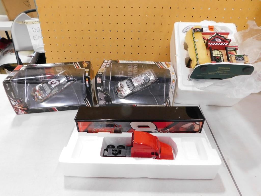 NASCAR Lot including Dale Earnhardt John Wayne Car, Elvis Presley, Semi Truck, Porcelain Police Stat (1 of 13)