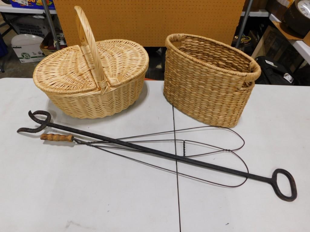 Wicker Baskets, Antique Rug Beater and a wrought Iron Fireplace tool (1 of 3)