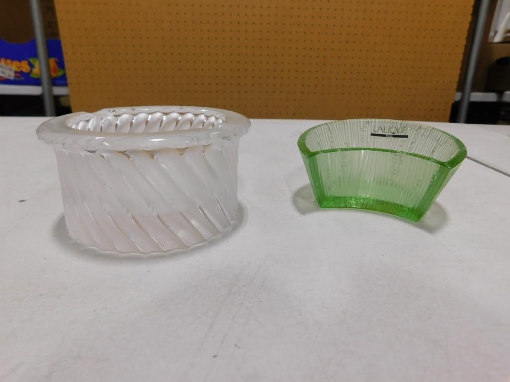 Two Lalique Pieces including Green Glass Dish and Frosted Smyrne Ashtray or dish: Two Lalique Pieces including Green Glass Dish and Frosted Smyrne Ashtray or dish All pictures are considered part of the description and should be examined carefully by bidders. Live Auctioneers is no