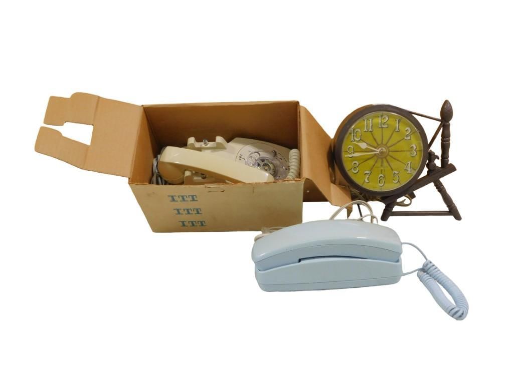 Vintage Mid Century Spinning Wheel Electric Clock, a Rotary Dial Telephone and a Touch Tone Phone (1 of 7)