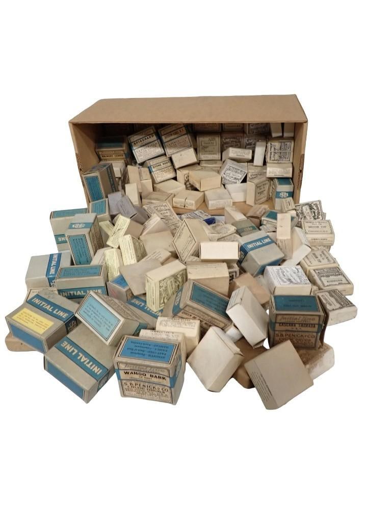 Huge Lot Antique Spice Boxes - with spices in them including Stone Root, Lobelia Herb, Buckbean Leav (1 of 17)