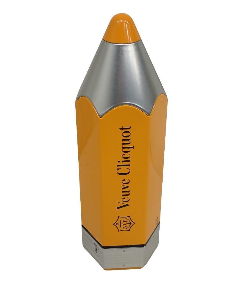Veuve Clicquot metal pencil shaped champagne bottle tin caseHeight: 15" Width: 4.75": Veuve Clicquot metal pencil shaped champagne bottle tin case Height: 15" Width: 4.75" All pictures are considered part of the description and should be examined carefully by bidders. Live Auctioneers 