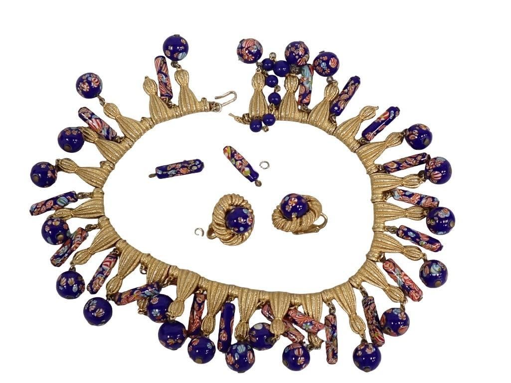 Trifari suite of jewelry. Goldtone metal and Italian multicolored glass tube and ball bead necklace (1 of 7)
