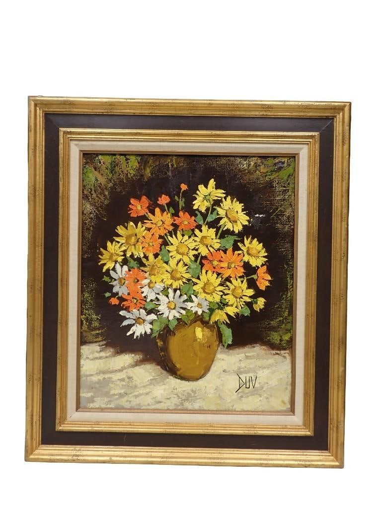 Joseph Duv (Algerian, 1918-?); Floral Still Life. Oil on canvas, signed lower right. Provenance: Mer: Joseph Duv (Algerian, 1918-?); Floral Still Life. Oil on canvas, signed lower right. Provenance: Merrill Chase Galleries. 29x30" All pictures are considered part of the description and should be exami