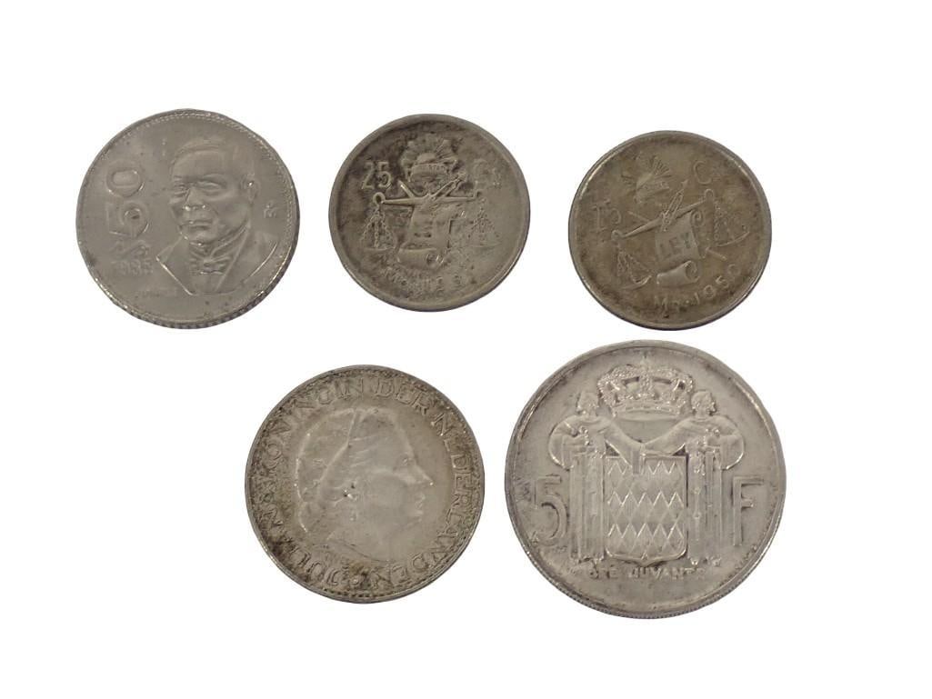 Group of international coin currency (silver content); one 1985 Mexican 50 centavos coin, one 1950 M (1 of 8)