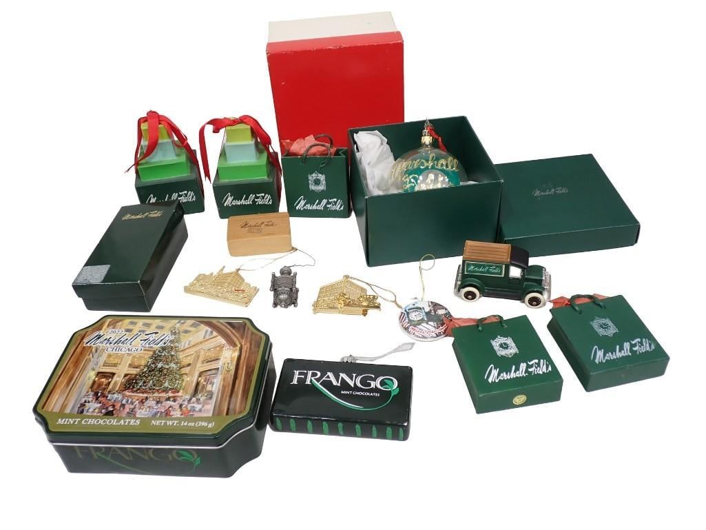 Collection of Marshall Fields Christmas ornaments and collectibles; Department 56 delivery truck, 20 (1 of 13)
