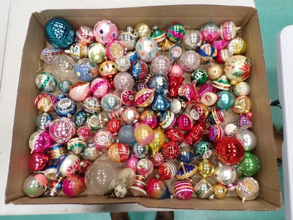 Box of antique German and contemporary glass Christmas ornaments incl Shiny Brite: Box of antique German and contemporary glass Christmas ornaments including indents, figural bells, Shiny Brite, etc - a couple may be broken. All pictures are considered part of the description and s