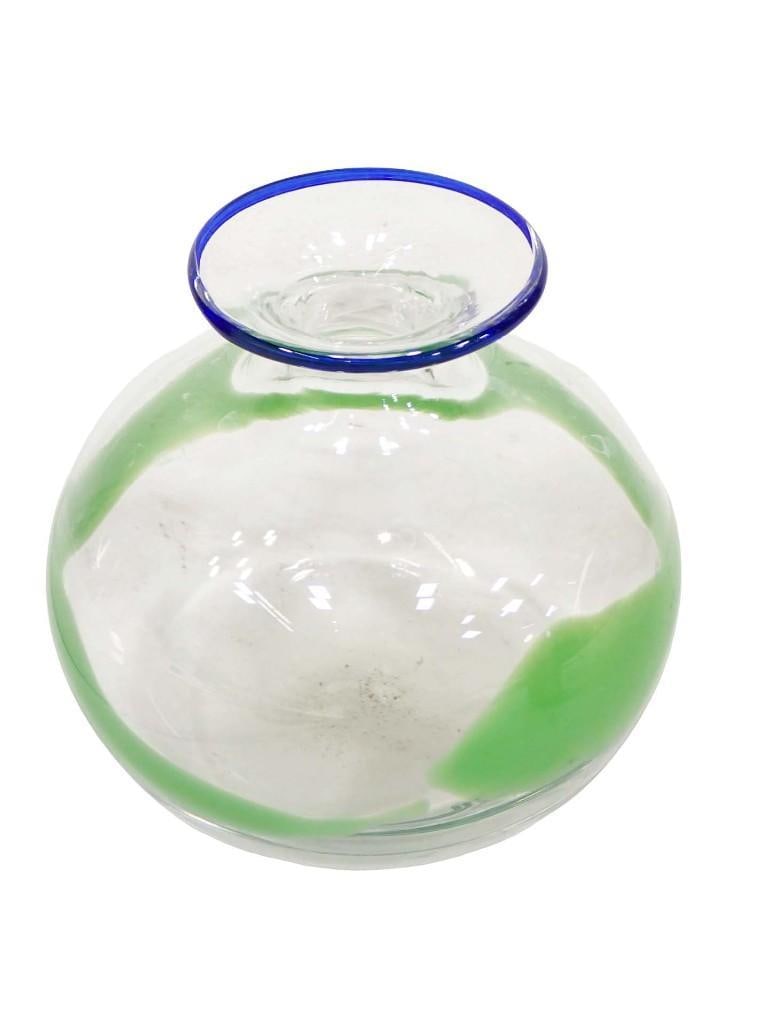 Art glass vase attributed to Ulrica Hydman-Vallien for Kosta Boda. Clear vase with green stripe arou: Art glass vase attributed to Ulrica Hydman-Vallien for Kosta Boda. Clear vase with green stripe around center, flared cobalt blue rim and polished unsigned pontilHeight: 6" Diameter: 6" All pictures a