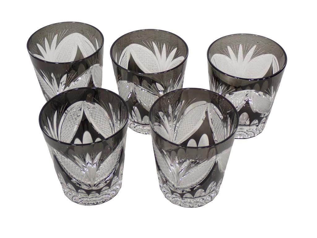 A set of five Edo Kiriko Japanese crystal black cut-to-clear rocks glasses Height: 3.5" Diameter: 3" (1 of 7)