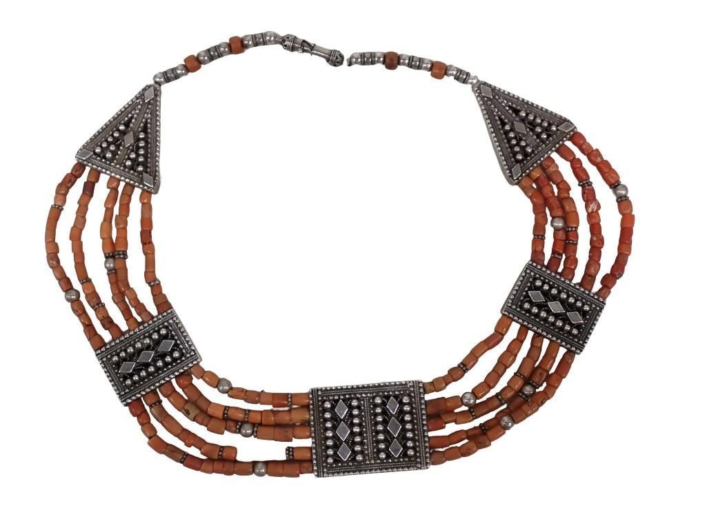 Middle Eastern sterling silver and coral necklace. Possibly Yemeni or Bedouin Hirz. Five strand cora (1 of 10)