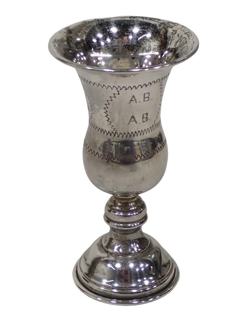 Judaica Esco sterling silver sterling silver Kiddush cup. Engraved "A.B. A.B. 11-25-72"Height: 4" Wt (1 of 7)