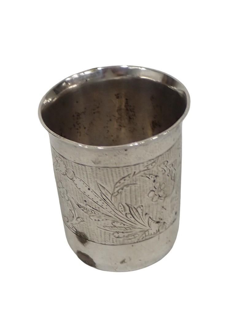 European engraved .80 silver vodka cup, possibly Austrian. Stamped 80 and 12 to the underside Heigh: European engraved .80 silver vodka cup, possibly Austrian. Stamped 80 and 12 to the underside Height: 2.5" Wt: 2.45 ozt All pictures are considered part of the description and should be examined caref