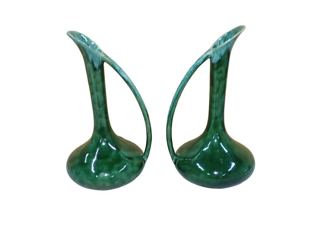 Pair of 1950s-60s Anna Van Briggle Pottery Ewer Pitchers MCM Mid Century Modern Green Drip Glaze (1 of 8)