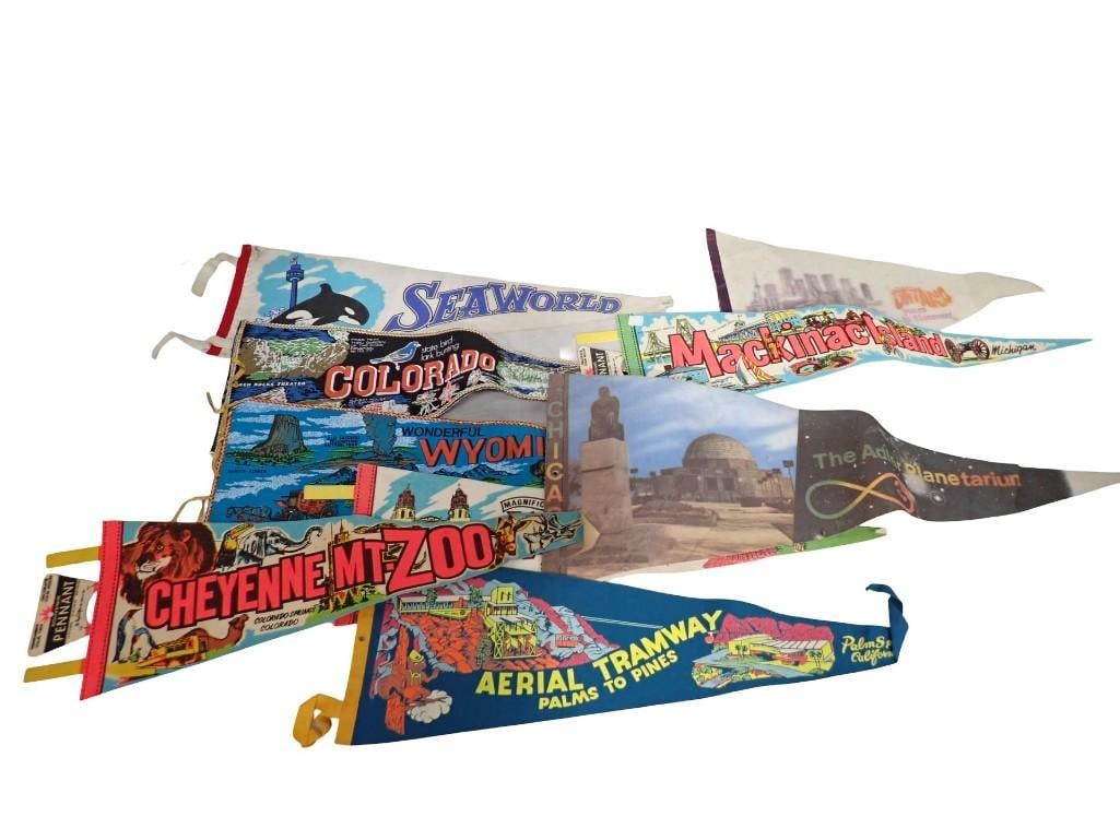 Vintage Pennants incl Mackinac Island, Seaworld, Cheyenne Mt Zoo, Hearst Castle, etc: Vintage Pennants incl Mackinac Island, Seaworld, Cheyenne Mt Zoo, Hearst Castle, etc All pictures are considered part of the description and should be examined carefully by bidders. Live Auctioneers i