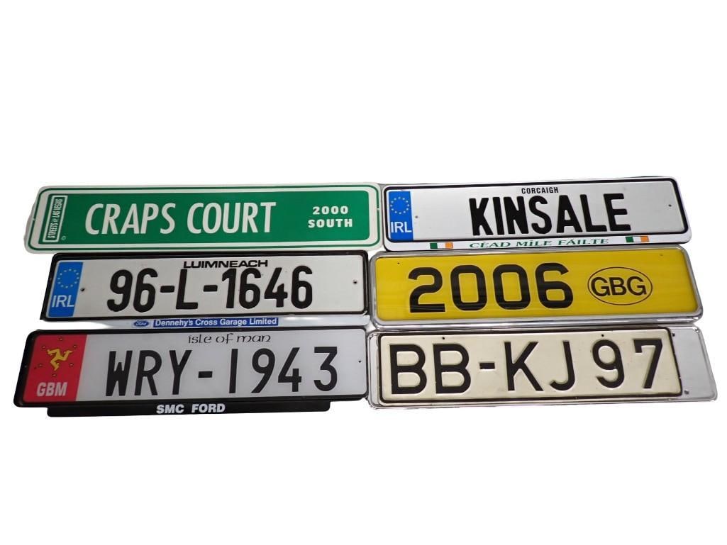 Foreign License Plates and Signs incl UK 2 Metal and 4 Plastic: Foreign License Plates and signs incl UK 2 Metal and 4 Plastic. Includes Craps Court Novelty Street Sign, etc All pictures are considered part of the description and should be examined carefully by b
