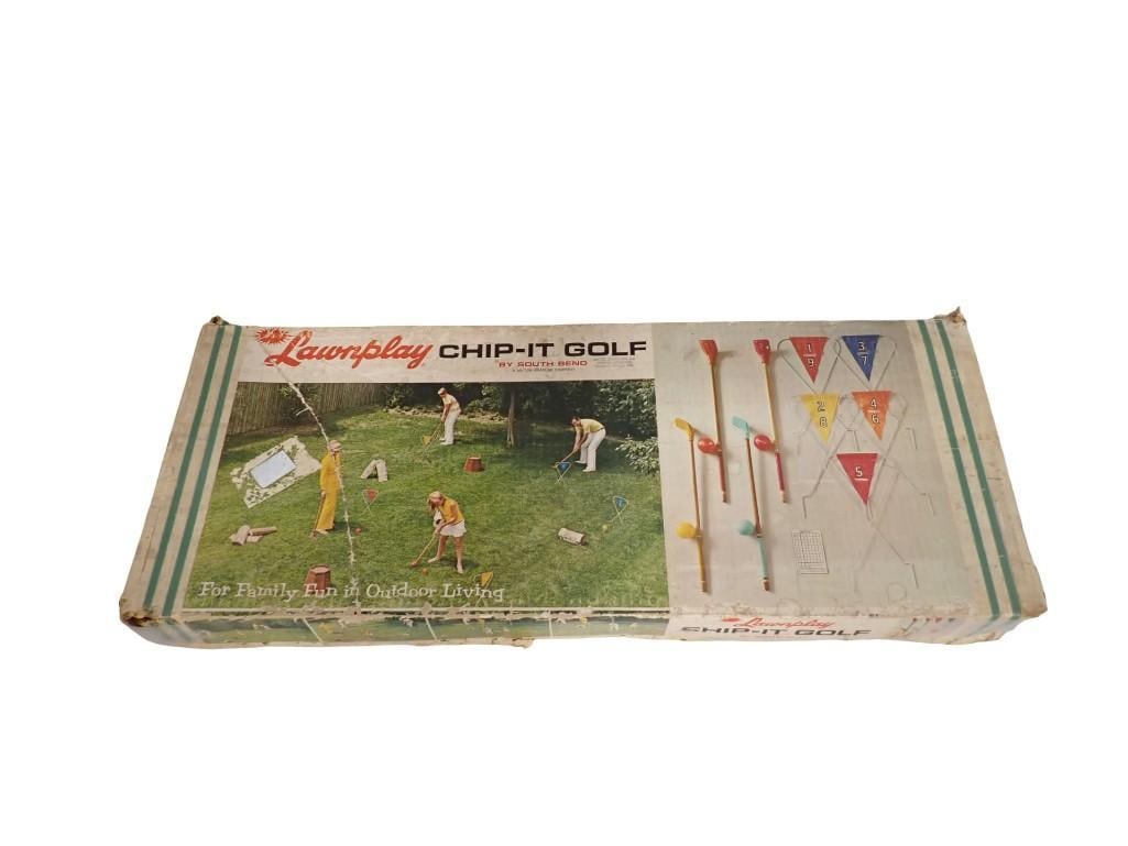 Vintage Lawnplay Chip-It Golf Set: Vintage Lawnplay Chip-It Golf Set in Original Box. Unchecked for completeness. All pictures are considered part of the description and should be examined carefully by bidders. Live Auctioneers i