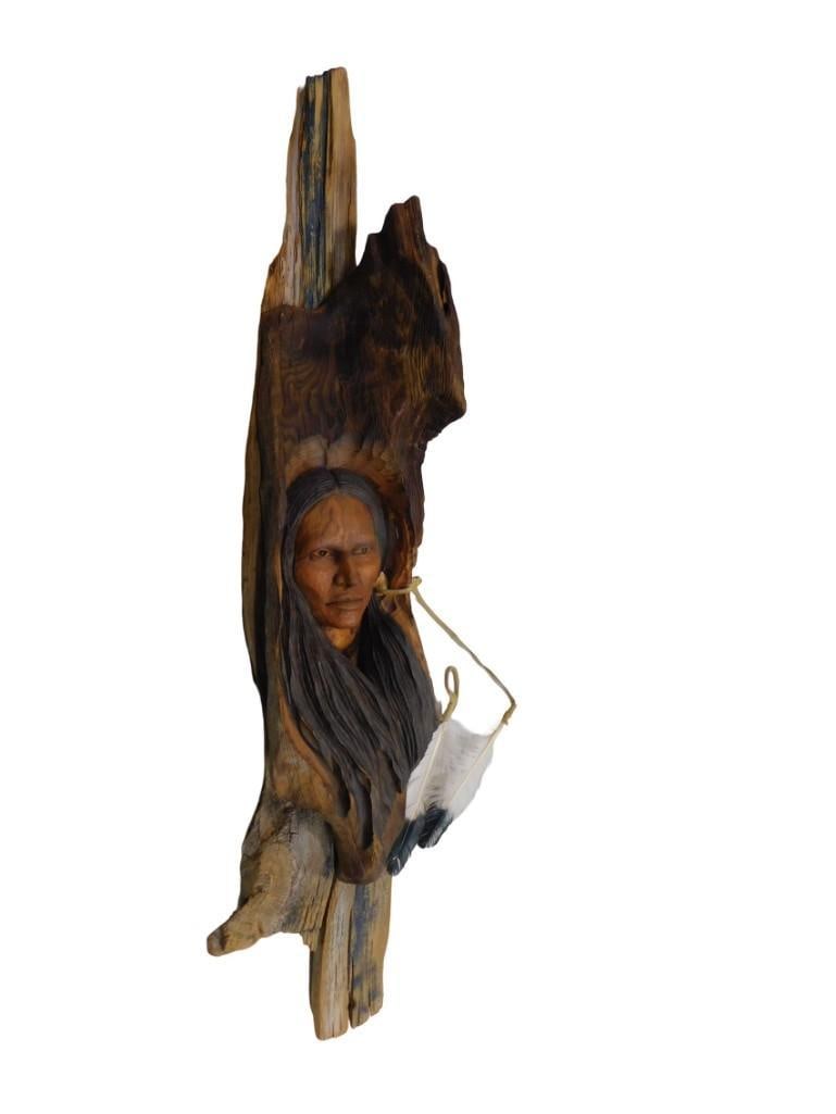 Native American Wood Carving Wall Hanging Signed "Cherokee Woman" by T. Hutchinson 1995: Native American Wood Carving Wall Hanging Signed "Cherokee Woman" by T. Hutchinson 1995 All pictures are considered part of the description and should be examined carefully by bidders. Live Au