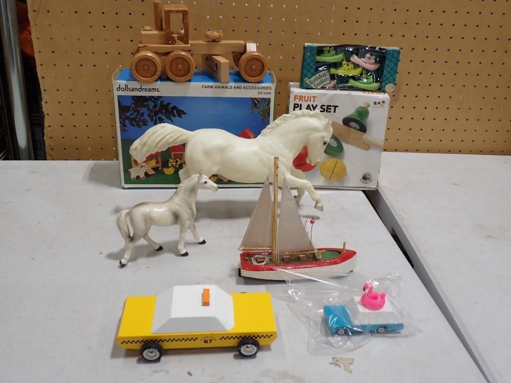 Toys Lot incl Wood Road Grader, 2 Plastic Horses, Dolls and Dreams Farm Animal Playset, Fruit Playse: Toys Lot incl Wood Road Grader, 2 Plastic Horses, Dolls and Dreams Farm Animal Playset, Fruit Playset, Vintage Tugboat Birthday Candles, Sailboat Toy, 2 Toy Cars All pictures are considered part of t