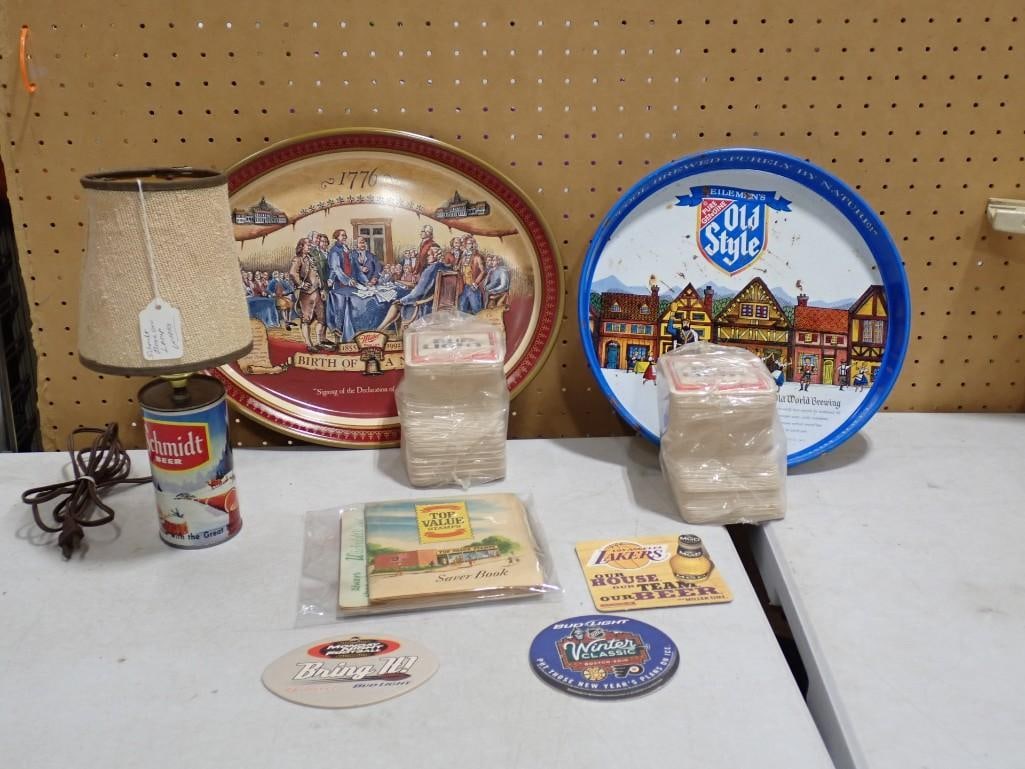 Beer Collectibles incl Old Style and Miller Metal Bar Trays, Schmidt Beer Can Lamp, Coasters, Etc (1 of 6)