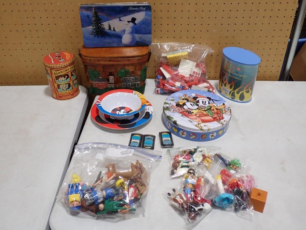 Lot of Small Toys, Tins, Hand Painted Basket, Mickey Mouse Bowl and Plate, etc (1 of 10)