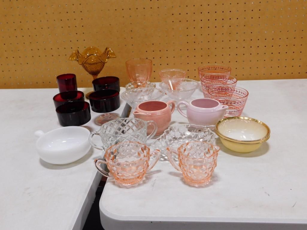 Glass, Etc Lot incl Pink Depression Glass, Ruby Red Glass, Amber Glass Footed Bowl, etc (1 of 7)