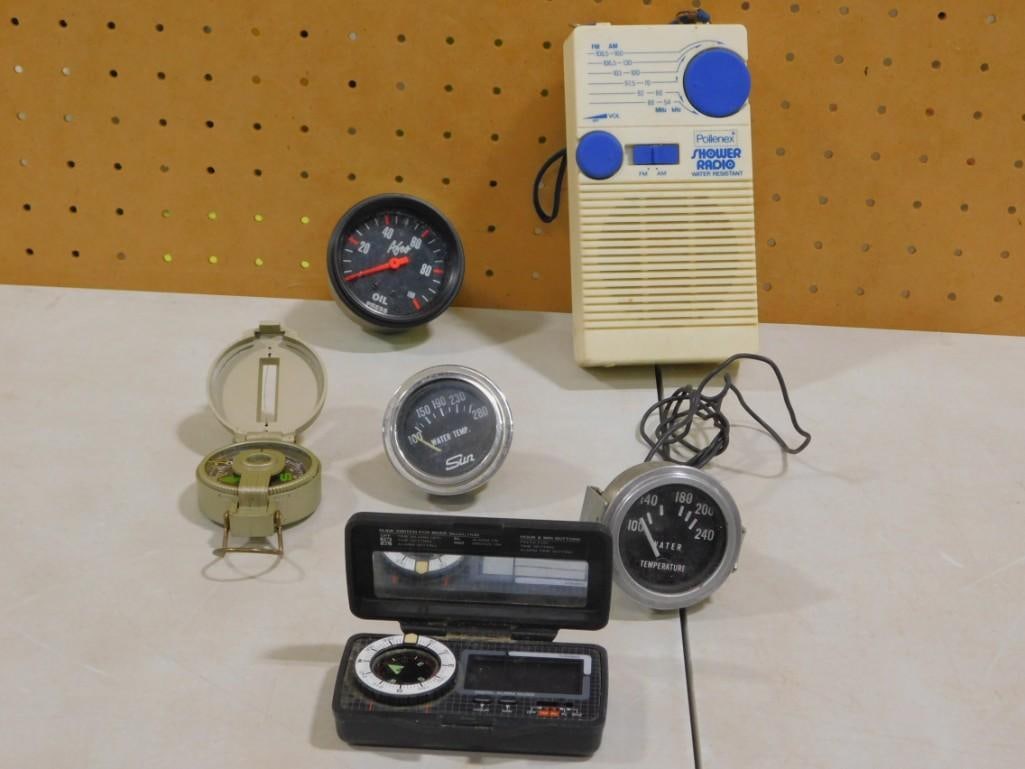 Misc. Lot including Vehicle Gauges, Shower Radio, Compass, Alarm Clock Compass (1 of 6)