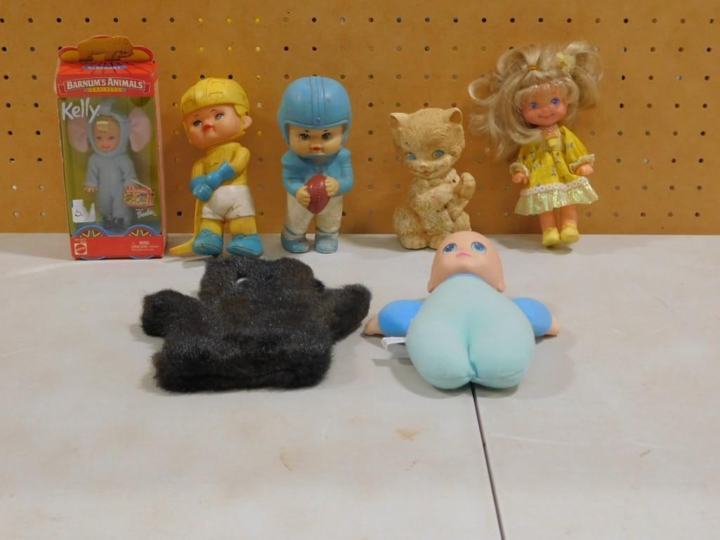 Vintage Dolls / Toys, etc. Including Barnum's Animals Kelly Barbie, Rubber Hockey and Football Squea: Vintage Dolls / Toys, etc. Including Barnum's Animals Kelly Barbie, Rubber Hockey and Football Squeak Toys, Mattel Cherry Merry Muffin, etc. All pictures are considered part of the description and
