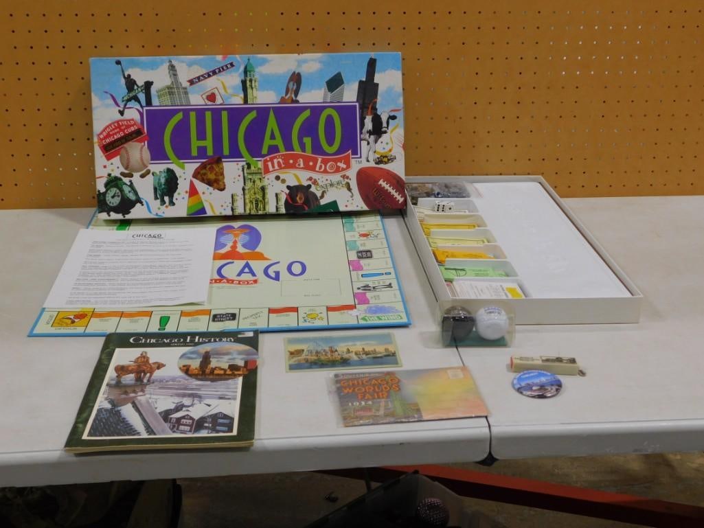 Chicago Lot including Monopoly type Board Game, 1934 World's Fair Postcards, Button, Book, etc (1 of 7)