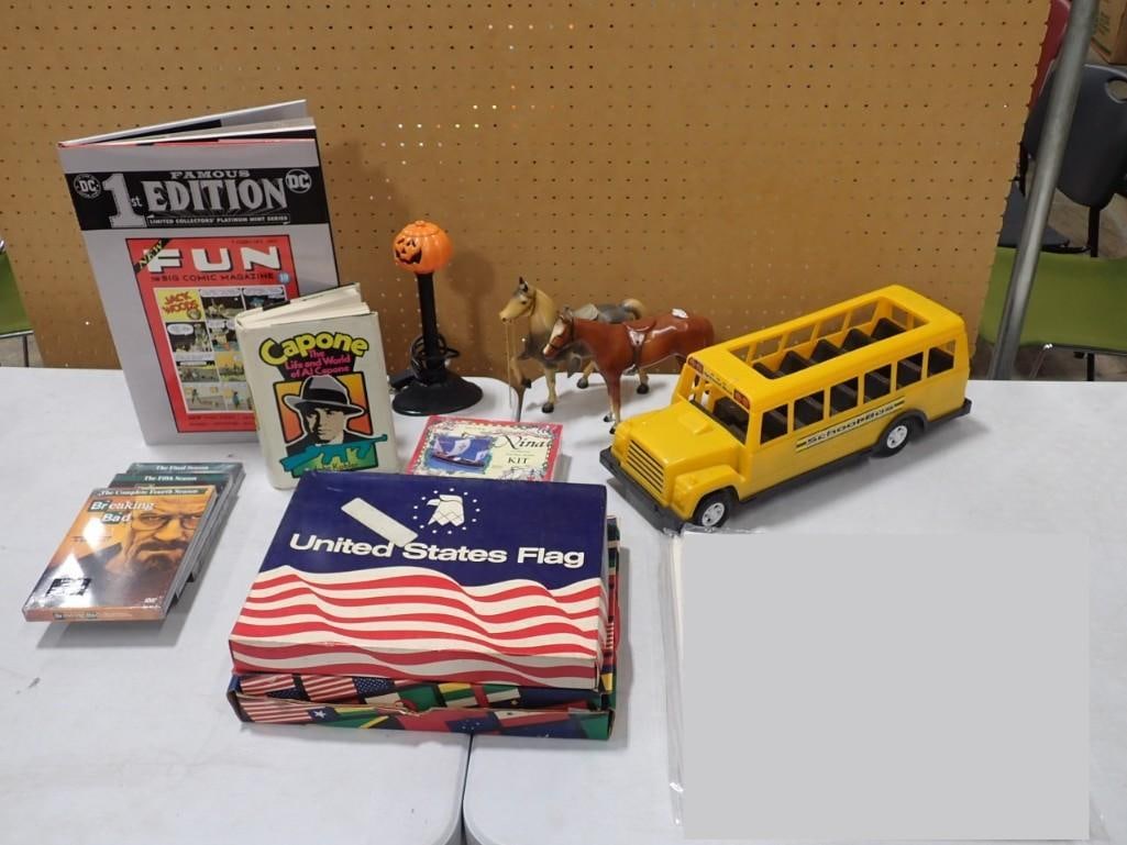 Misc. Lot including Breaking Bad DVDs, Toy School Bus, Al Capone Book, Flags, Horses, Comic Book, (1 of 6)