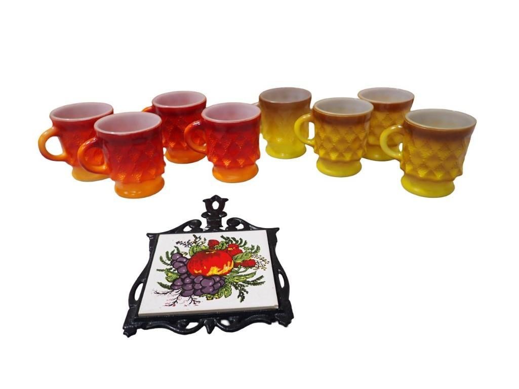 Anchor Hocking Fire King Colored Milk Glass Diamond Coffee Mugs and a decorative Trivet (1 of 7)
