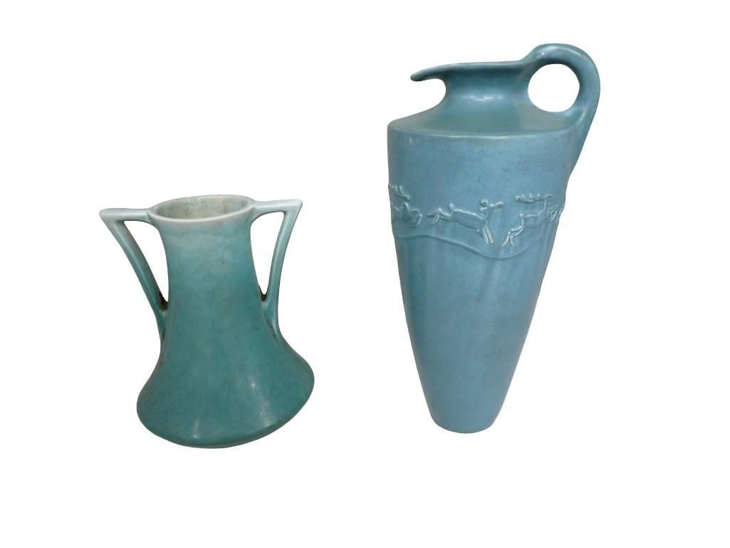 2 Vintage Vases incl Roseville Pottery 2 Handled Teal or Turquoise Vase and an Unmarked Reindeer Ewe (1 of 11)