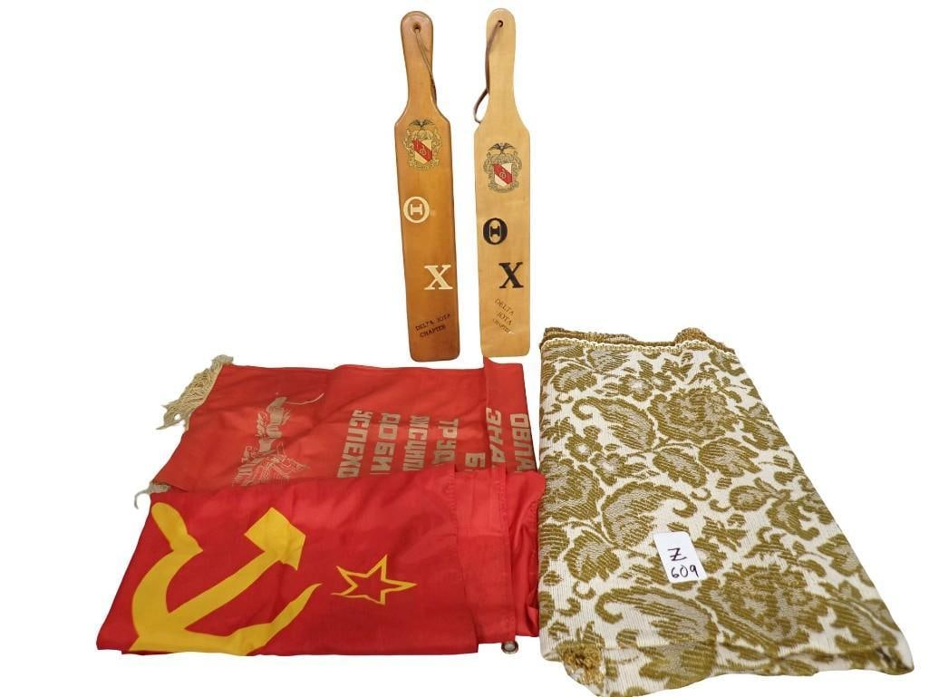 Misc. Lot including Soviet Flag, Wooden Fraternity Paddles, Throw Rug (1 of 9)