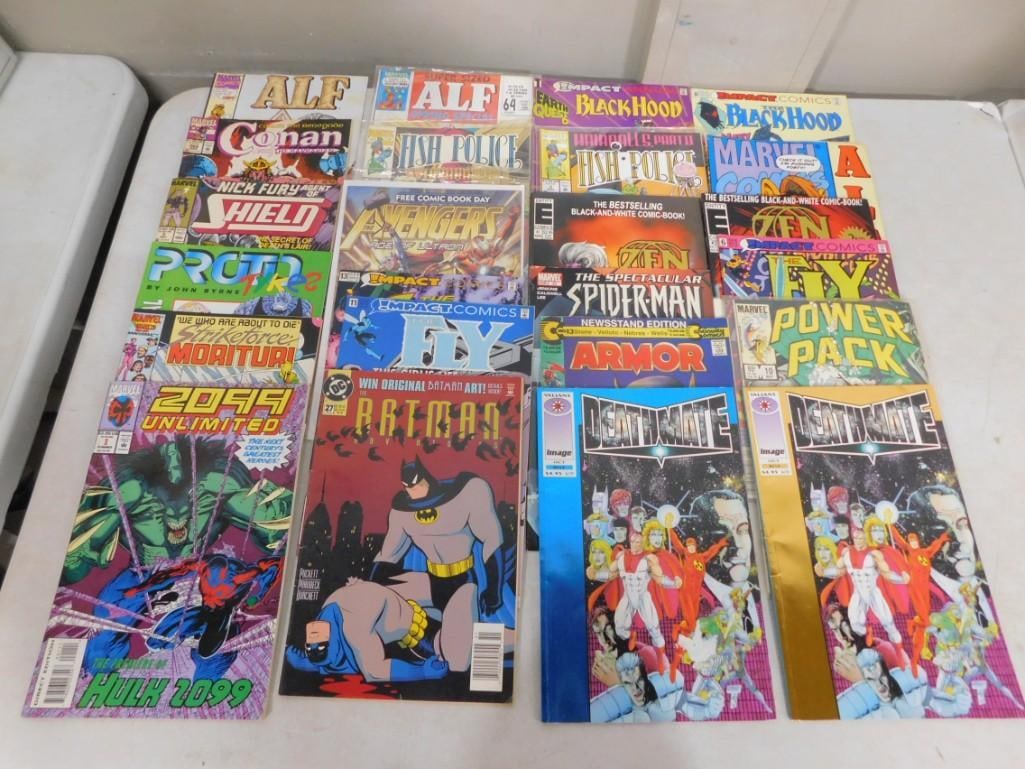 Comic Books including Alf, Conan, Shield, Prototykes, Alf, Fish Police, Spider-Man, Batman, The Fly: Comic Books including Alf, Conan, Shield, Prototykes, Alf, Fish Police, Spider-Man, Batman, The Fly, etc. All pictures are considered part of the description and should be examined carefully by bidder