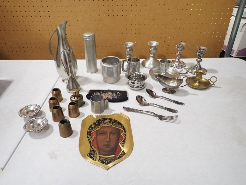 Vintage Metal Lot, etc. Including Pitchers, Candle Stick Holders, Brass, Silver Plate, etc. (1 of 7)