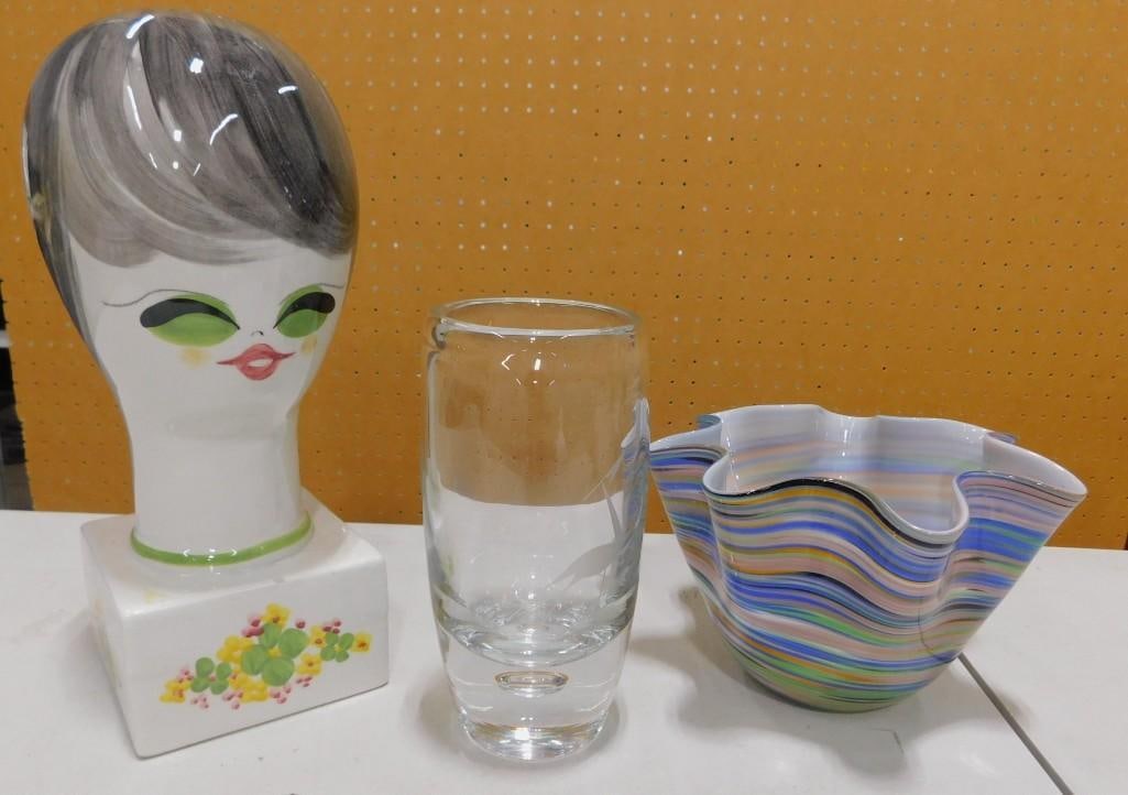 Signed Italian COOP Ceramic Wig and Hat Stand, Cart Glass Bowl, Drinking Glass with Frosted Crane (1 of 6)